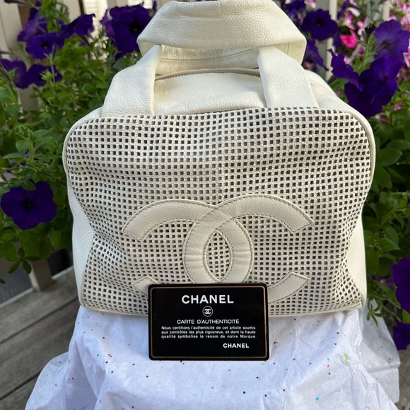 CHANEL Handbags - CHANEL Perforated Caviar Skin CC Logo Hand Boston Bag Purse White
